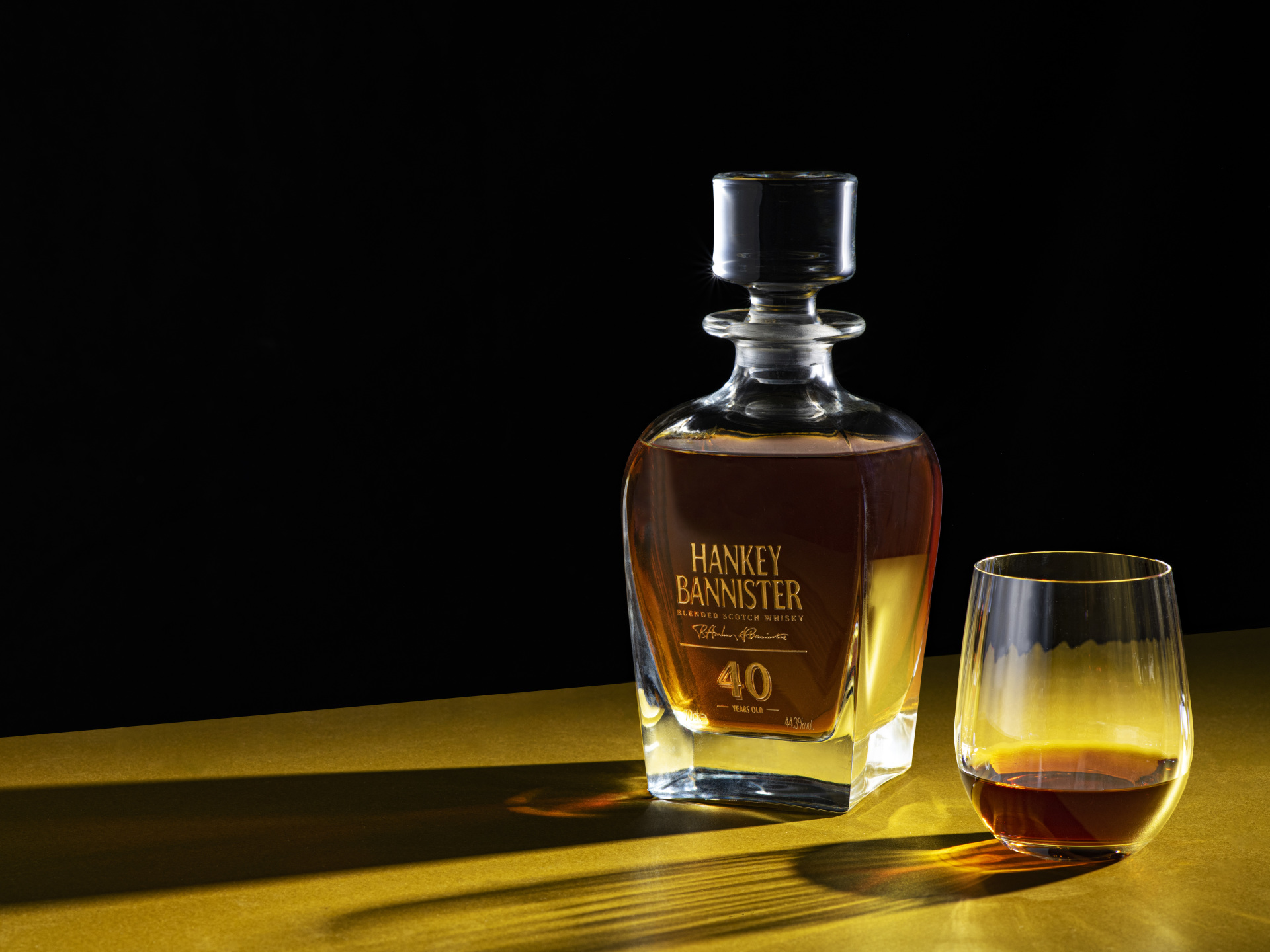 Hankey Bannister 40 YO Bottle and Dram Beauty Shot with Shadows Landscape HR